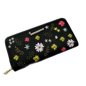 Rampage Black Embroidered Flowers Long Zip-Around Wallet NWOT Fits ProMax Phones